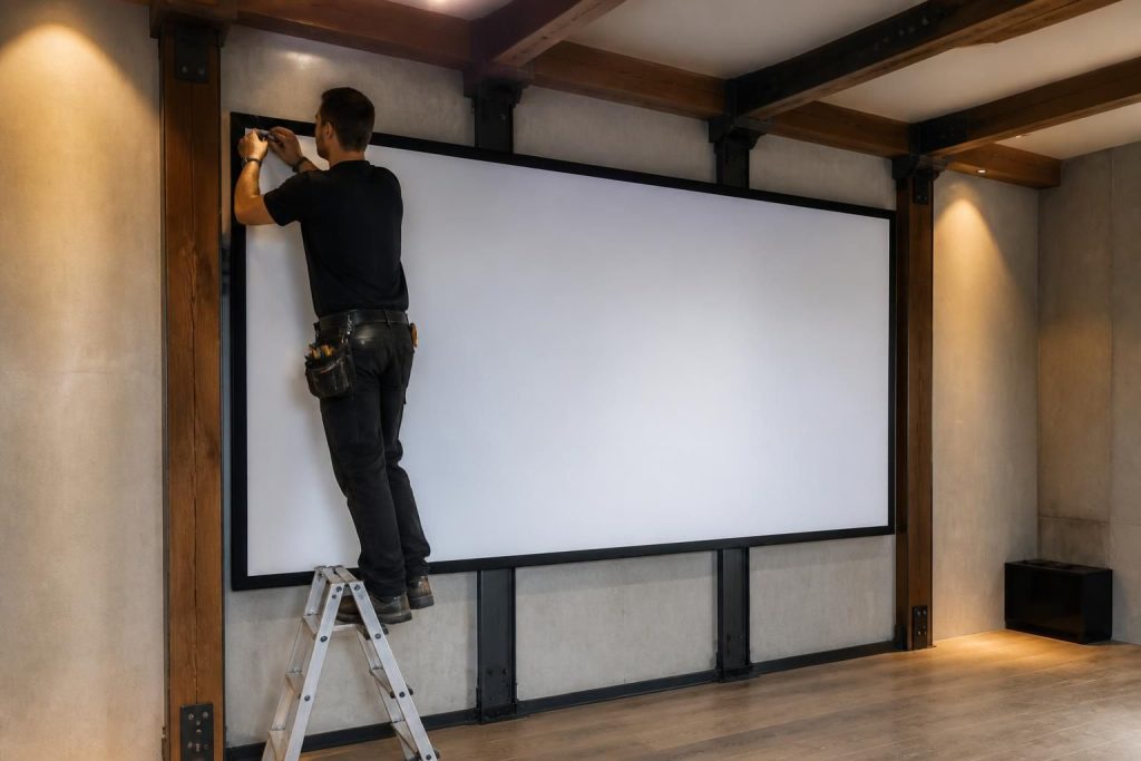 découvrez comment poser un écran de projection en toute sécurité grâce aux renforts adaptés pour murs et plafonds, assurant stabilité et solidité.