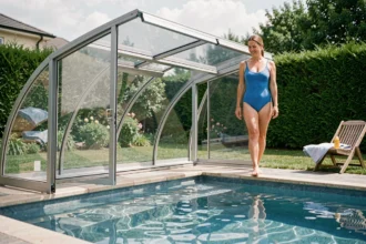 Abri de piscine télescopique transparent partiellement ouvert sur une piscine extérieure dans un jardin pavillonnaire, avec une femme au bord de l'eau