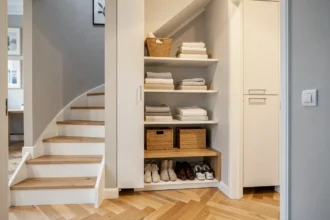 Aménagement sous escalier avec placards blancs intégrés, étagères ouvertes et banc à chaussures dans un appartement moderne au parquet en chevrons
