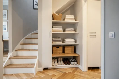 Aménagement sous escalier avec placards blancs intégrés, étagères ouvertes et banc à chaussures dans un appartement moderne au parquet en chevrons