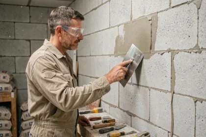 Ouvrier appliquant un enduit MAP au spalter sur un mur en béton cellulaire dans un chantier intérieur