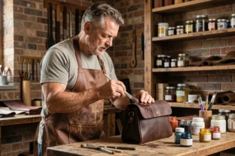 Artisan appliquant une coloration sur un sac en cuir marron dans un atelier traditionnel avec des outils et produits d'entretien