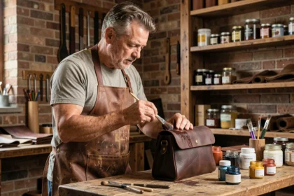 Artisan appliquant une coloration sur un sac en cuir marron dans un atelier traditionnel avec des outils et produits d'entretien