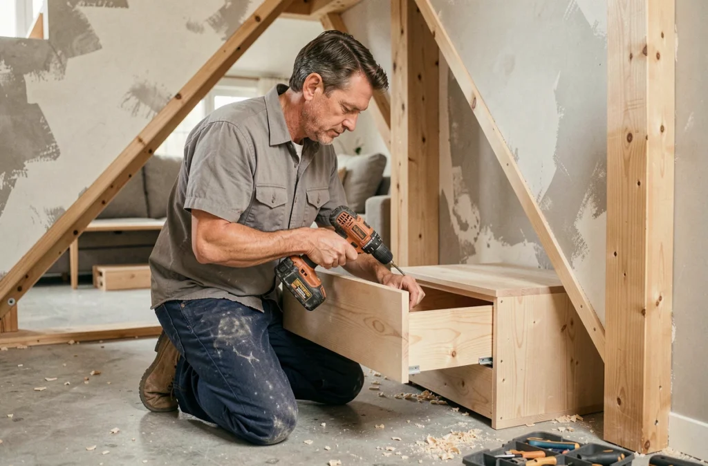 Artisan menuisier installant un meuble tiroir sur mesure dans un espace sous escalier en cours de rénovation