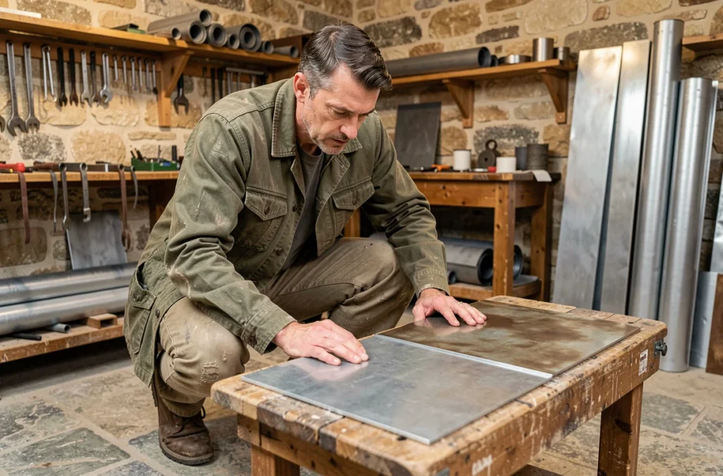 Artisan zingueur comparant un échantillon de zinc brillant et un zinc patiné gris sur un établi en bois dans un atelier traditionnel