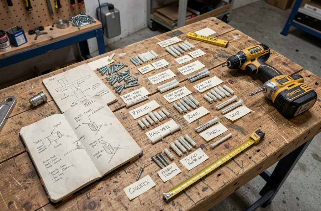 Assortiment de chevilles classées par type sur un établi de bricolage avec carnet de notes