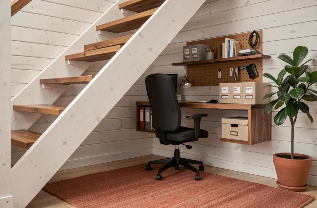 Coin bureau compact aménagé sous un escalier dans un intérieur scandinave avec bureau en noyer, étagères et tableau perforé