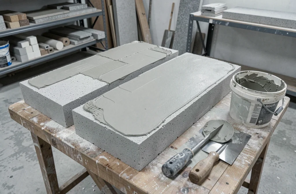 Comparaison entre un bloc de béton cellulaire brut et un bloc enduit au MAP sur un établi de chantier