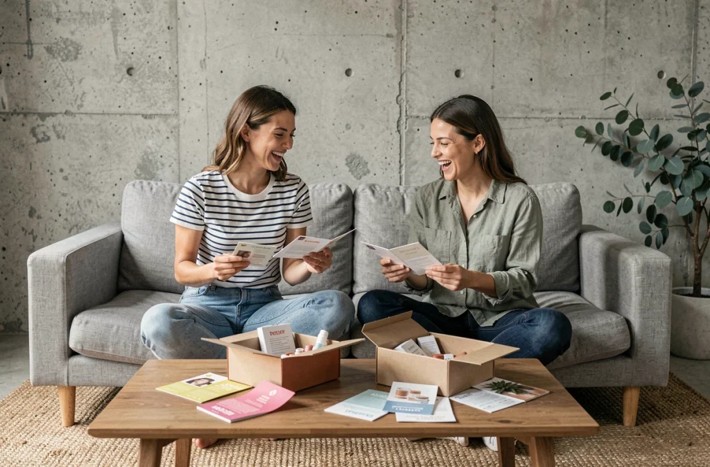 Deux femmes comparant une box beauté classique et la box Que J'adore Paris dans un salon moderne