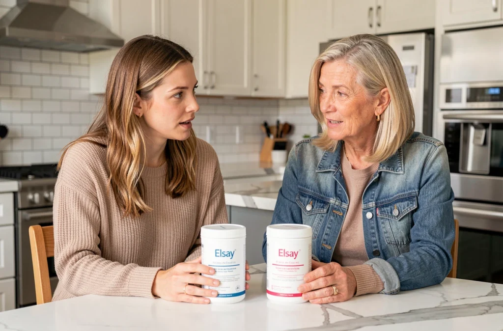 Deux femmes comparant des produits Elsay de différentes années sur une table de cuisine moderne