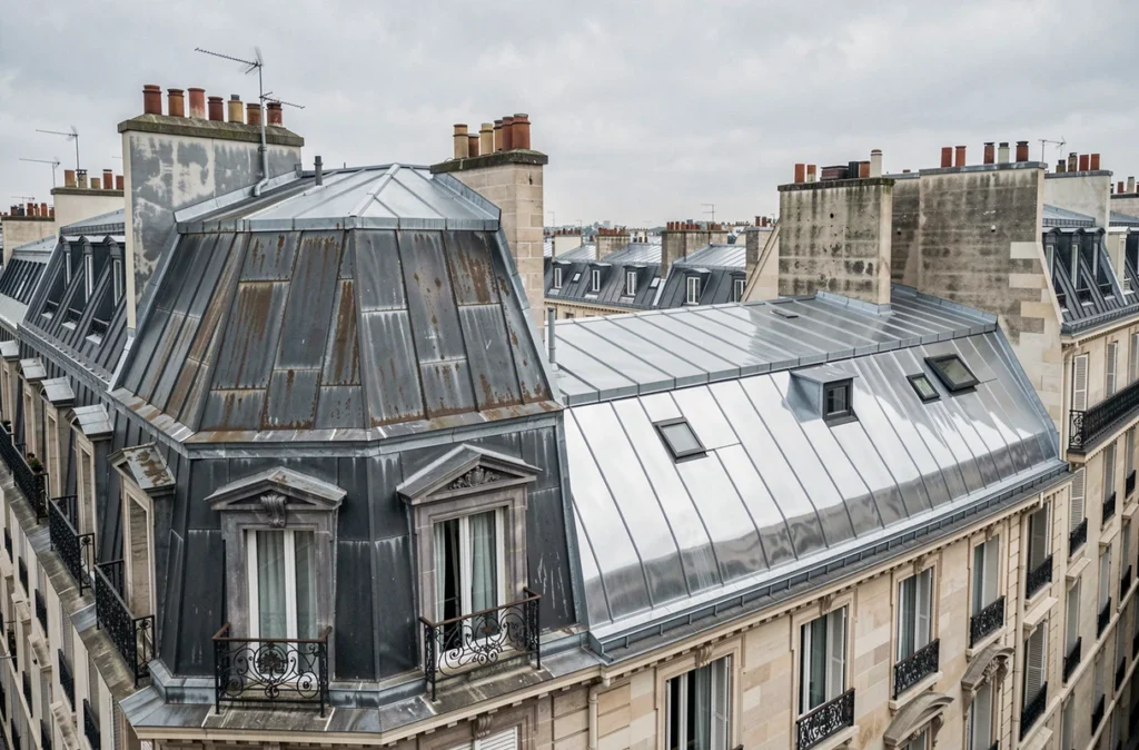 Vue large d'une toiture haussmannienne montrant le contraste entre zinc patiné gris anthracite et zinc brillant neuf sur deux sections adjacentes