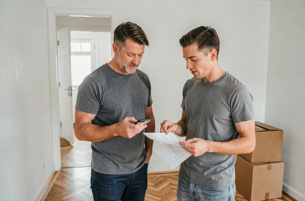 Couple discutant du transfert de leur assurance habitation dans leur nouvel appartement vide après un déménagement