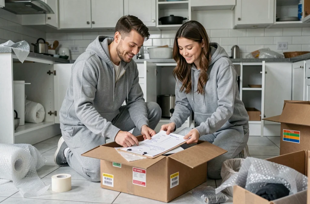 Couple emballant et classifiant la vaisselle dans des cartons de déménagement avec un système de couleurs
