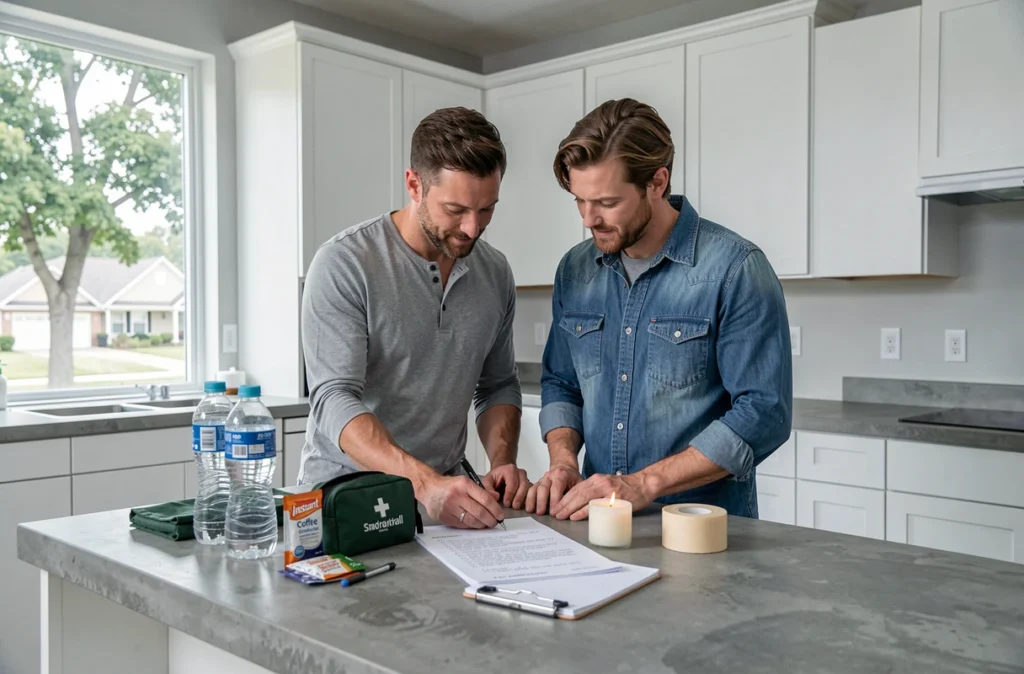 Couple organisant un kit d'urgence essentiel sur le comptoir de cuisine lors d'un déménagement dans une nouvelle maison