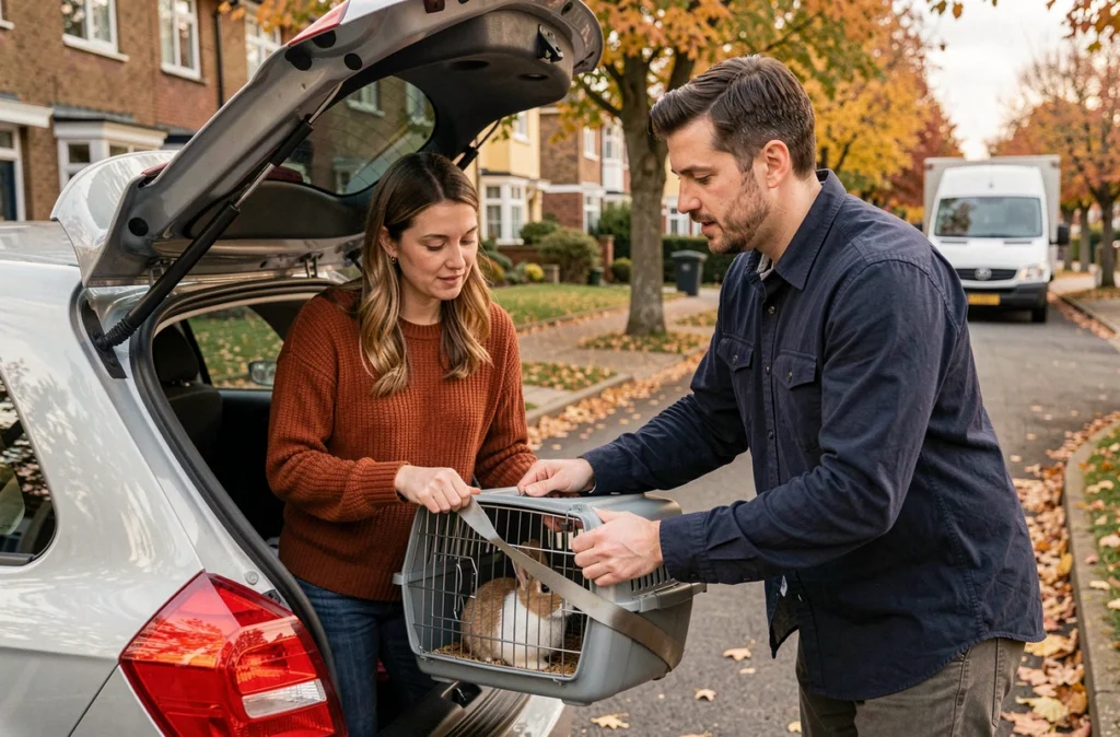 Couple installant un lapin en caisse de transport dans une voiture lors d'un déménagement en automne