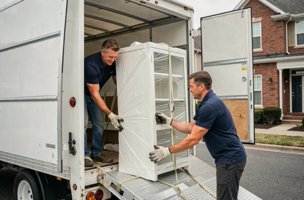 Deux déménageurs professionnels chargeant une vitrine emballée dans des couvertures de protection dans un camion de déménagement