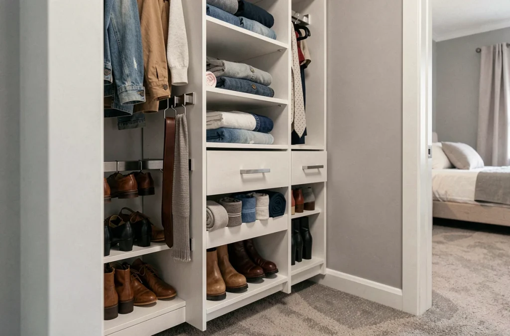 Détail d'un coin dressing avec tringles, tiroirs tiroirs et niches ouvertes remplis de chaussures, jeans pliés et accessoires rangés avec soin