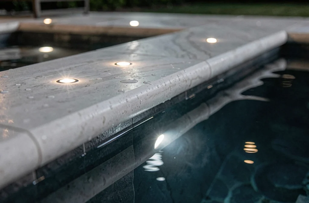 Détail des éclairages à fibre optique encastrés dans le margelle d'une piscine de luxe, reflets lumineux sur l'eau sombre
