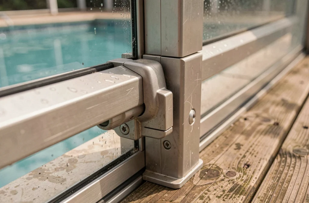 Détail du mécanisme de verrouillage et du rail en aluminium d'un abri de piscine résidentiel, soulignant la sécurité et la robustesse du dispositif