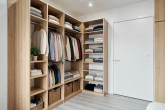 Dressing bien organisé avec étagères ouvertes, vêtements pliés et rangés par couleur, paniers en osier et plante verte dans un intérieur moderne style scandinave