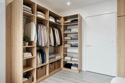 Dressing bien organisé avec étagères ouvertes, vêtements pliés et rangés par couleur, paniers en osier et plante verte dans un intérieur moderne style scandinave