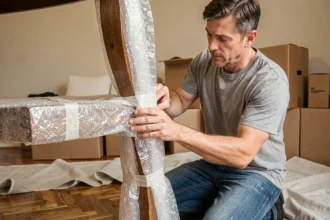 Homme emballant soigneusement une chaise ancienne en bois avec du film à bulles avant un déménagement