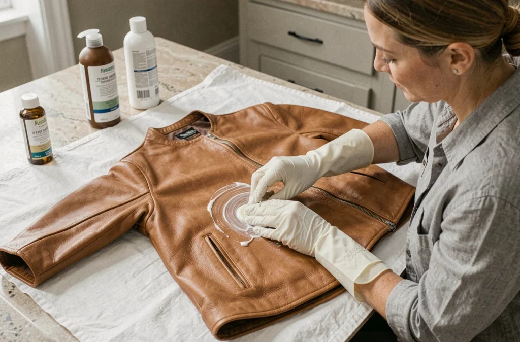 Femme appliquant un baume conditionneur sur une veste en cuir vintage restaurée posée sur un tissu blanc