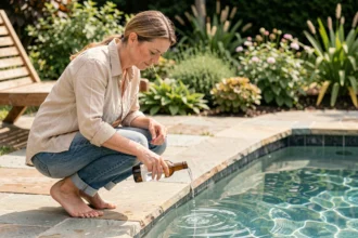 Femme versant un produit écologique dans une piscine de jardin pour l'entretien de l'eau