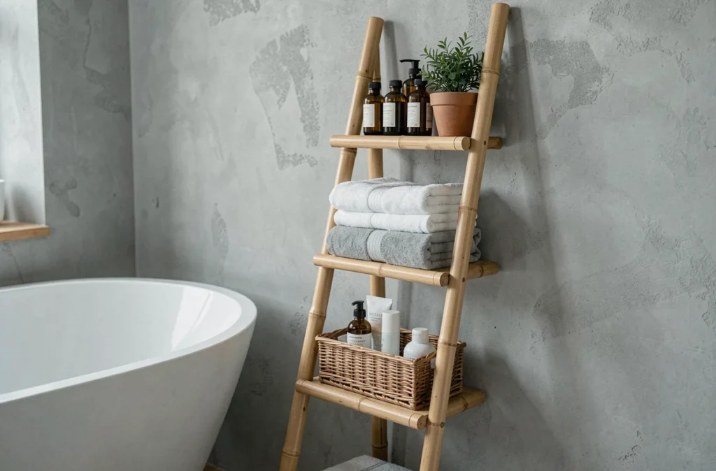Étagère échelle en bambou dans un coin de salle de bain familiale avec serviettes pliées, bouteilles en verre et plante verte pour un rangement stylé