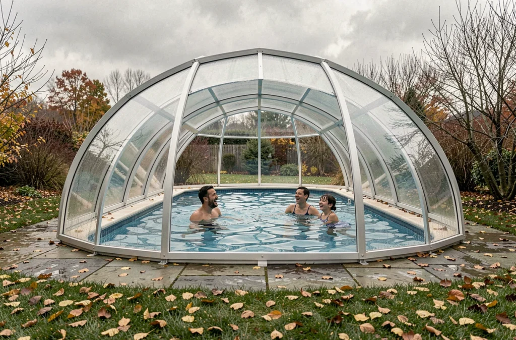 Famille se baignant sous un abri de piscine dôme en polycarbonate par temps nuageux d'automne, illustrant l'extension de la saison de baignade