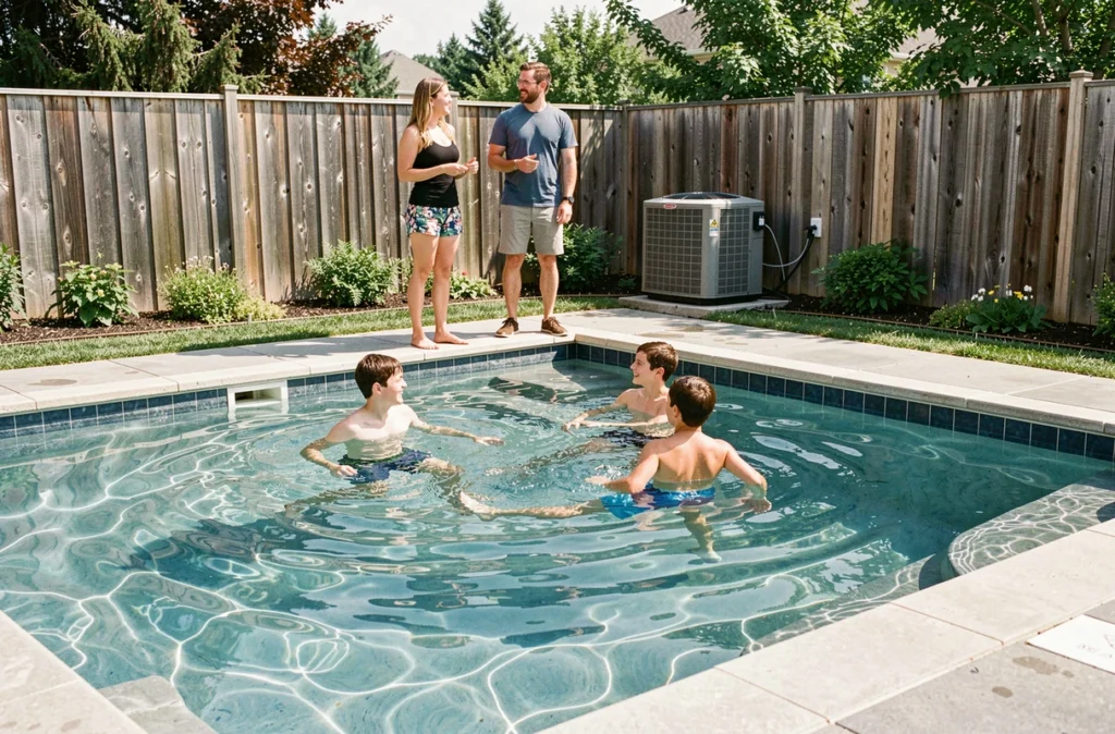 Famille profitant d'une piscine chauffée grâce à une pompe à chaleur dans un jardin résidentiel