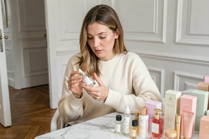 Femme parisienne comparant les produits d'une box beauté Que J'adore Paris sur une coiffeuse en marbre