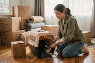 Femme préparant son chat dans une caisse de transport entourée de cartons de déménagement
