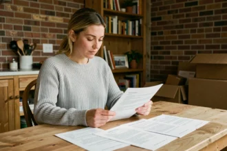 Femme consultant ses documents d'assurance habitation avant un déménagement, assise à une table en bois entourée de cartons