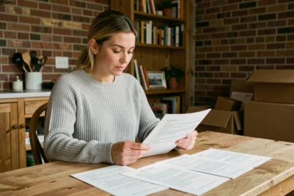 Femme consultant ses documents d'assurance habitation avant un déménagement, assise à une table en bois entourée de cartons