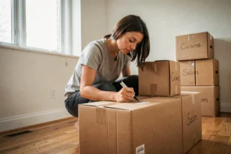 Femme organisant et étiquetant des cartons de déménagement dans un appartement vide avant emménagement
