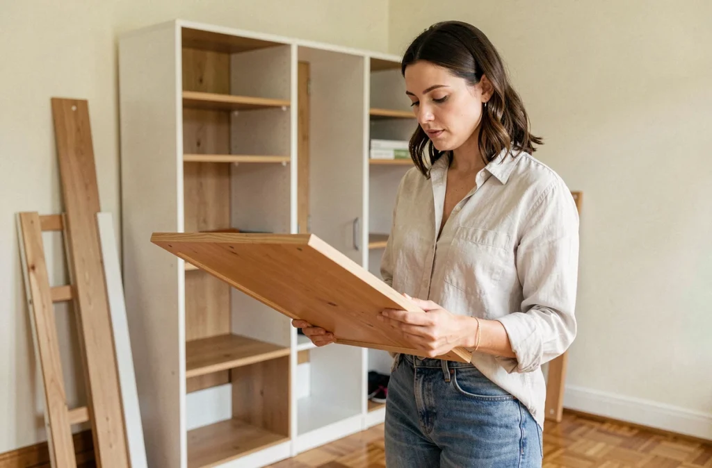 Femme assemblant une penderie modulable DIY dans une chambre à coucher, tenant un panneau en bois et consultant la notice de montage