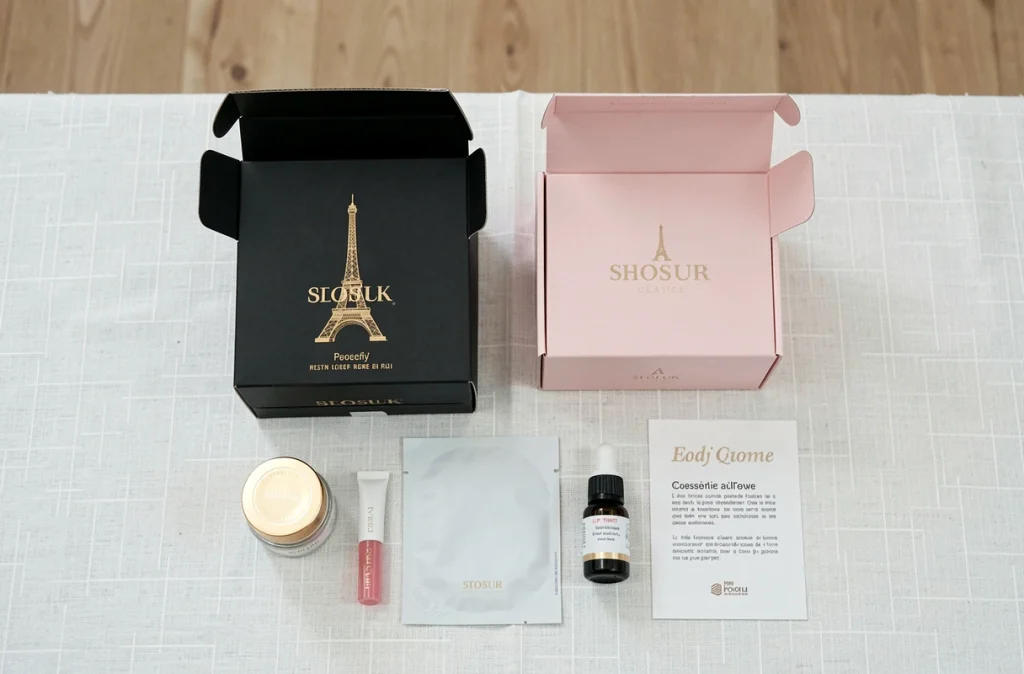 Flat lay comparatif de la box Que J'adore Paris et d'une box beauté classique avec produits détaillés