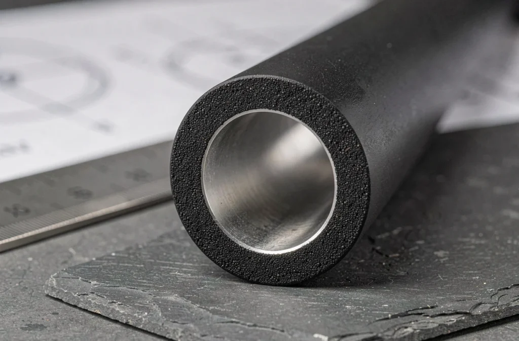 Gros plan sur la coupe transversale d'un tube en aluminium anodisé révélant la couche d'oxyde protectrice et l'intérieur brut