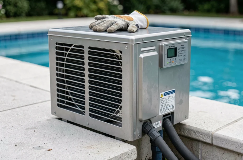 Gros plan sur une pompe à chaleur pour piscine avec tuyaux de raccordement et panneau de contrôle