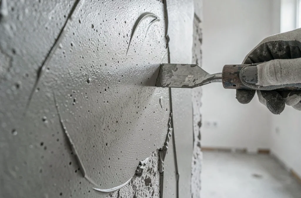 Gros plan sur la texture d'un enduit MAP fraîchement appliqué sur béton cellulaire avec une truelle de finition