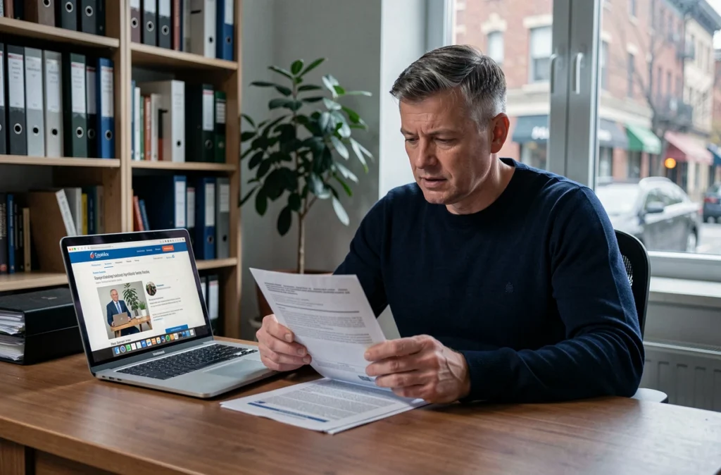 Homme analysant les garanties de la marque Elsay sur un document imprimé dans un bureau à domicile