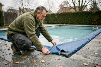 Homme installant une bâche d'hivernage sur une piscine enterrée en automne dans un jardin résidentiel