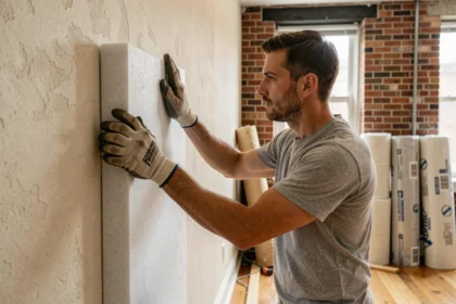 Homme installant des panneaux acoustiques sur le mur d'un salon pour une isolation phonique efficace