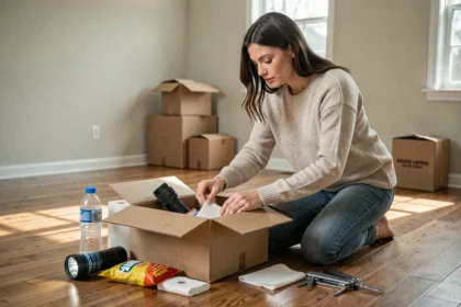 Femme préparant un kit de survie pour le premier jour dans une nouvelle maison vide avec des articles essentiels