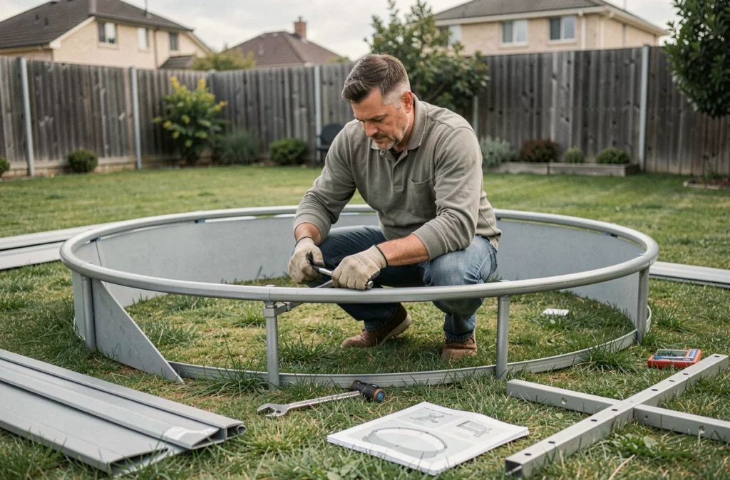 Homme assemblant une piscine hors sol ronde dans un jardin de maison individuelle