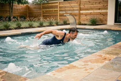 Homme nageant à contre-courant dans une piscine privée résidentielle équipée d'un système de jets