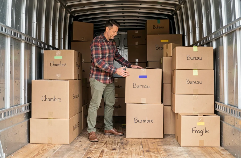 Homme organisant des cartons étiquetés par pièce dans un camion de déménagement