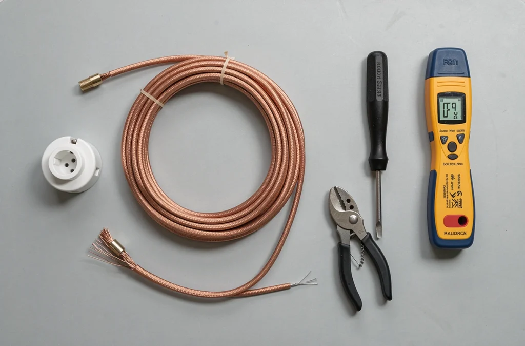 Vue à plat des outils et composants nécessaires au remplacement d'une prise télé coaxiale sur un établi gris