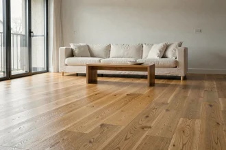 Parquet ciré dans un salon moderne avec chauffage au sol, finition brillante sur plancher en chêne